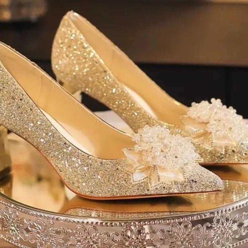 Rhinestone Flower Block Heel Single Shoes Fashion Pointed Toe Shallow Mouth Slip-On Pump Heels