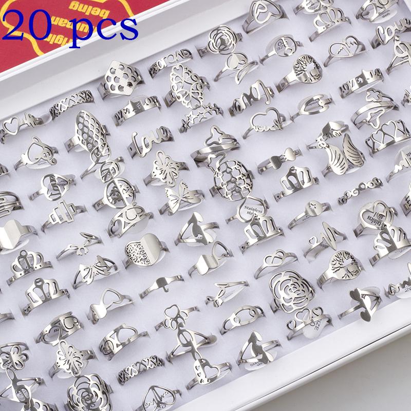 20pcs/lot Women's Fashion Stainless Steel Big And Small Hollow Cut Jewelry Rings Mix Love Flower Heart Style For Party Gift