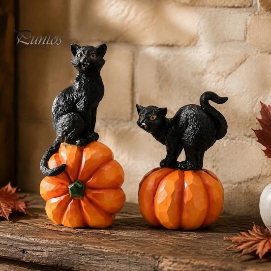 Black Cat Sculpture with Pumpkin Halloween Ornament, Vintage Wood Carving Style Indoor Holiday Tabletop Accents Resin Figurine, Spooky Decor for Home