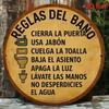 Vintage Spanish Bathroom Rules Sign 8x8 Round Aluminum Plaque, Toilet Precautions Wall Art for Home Restroom Café