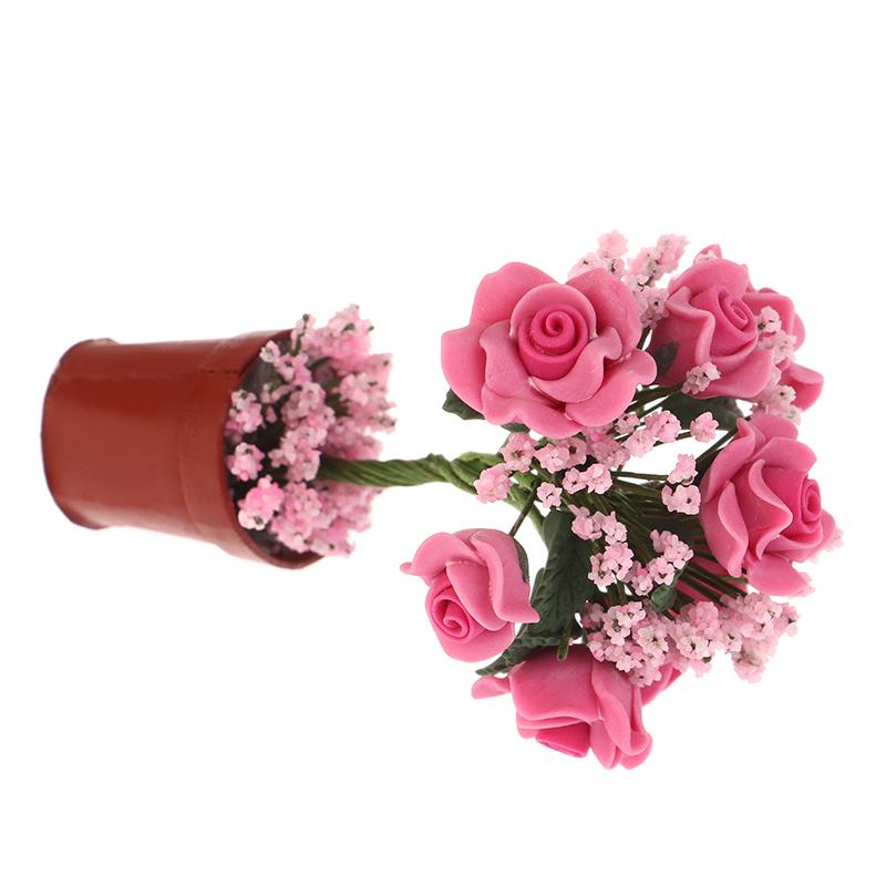 1:12 Dollhouse Miniature Flower Mini Potted Plant Rose Flowerpot DollHouse Decor Bonsai Model Garden Home Ornament Furniture Toy