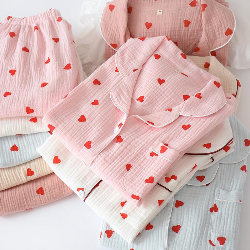 Herbst Damen Reiner Baumwollgaze Langarm Dünner Krepp Sommer Süß Locker Pyjama Loungewear Zweiteiliges Set