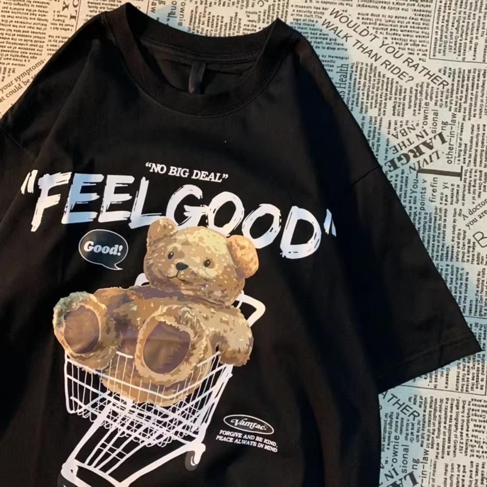 Original American Retro Teddy Bear Print Short Sleeved T-shirt For Men Women Couple Fashion Label Harajuku Pure Cotton Tee