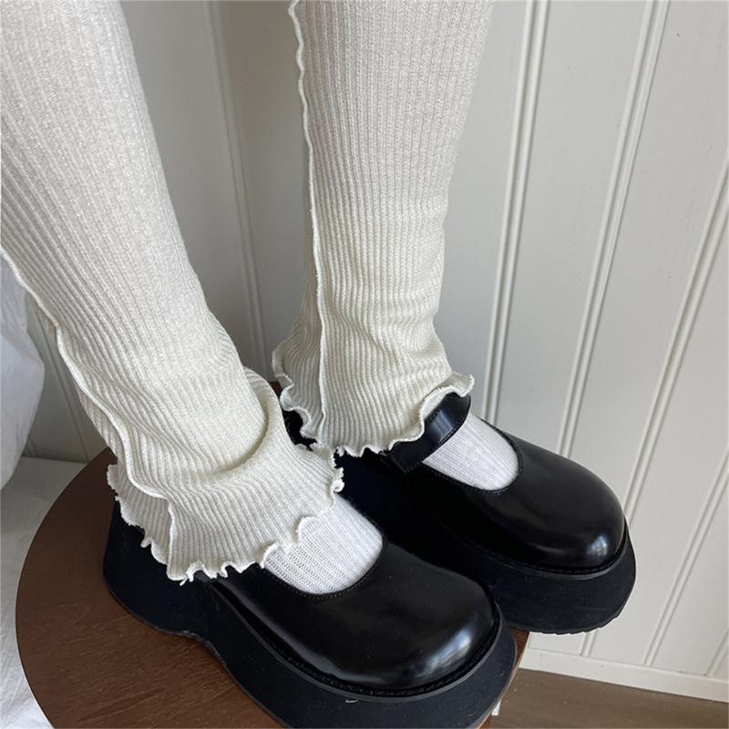 Japanese Ribbed Thigh High Leg Warmers Lace Up Bandages Over Knee Flared Leg Covers Ruffle Trim Footless Socks for Women