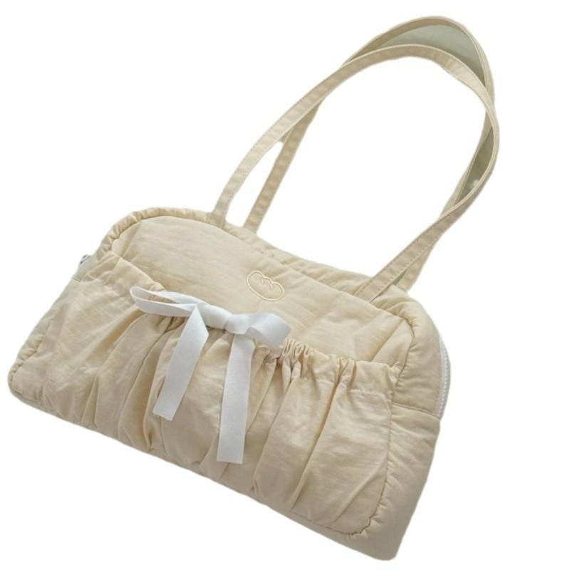 Embroidered Bow, Tie, Boston Bag, Large Capacity, Commuter, Women's, Daily, Pleated Shoulder Bag