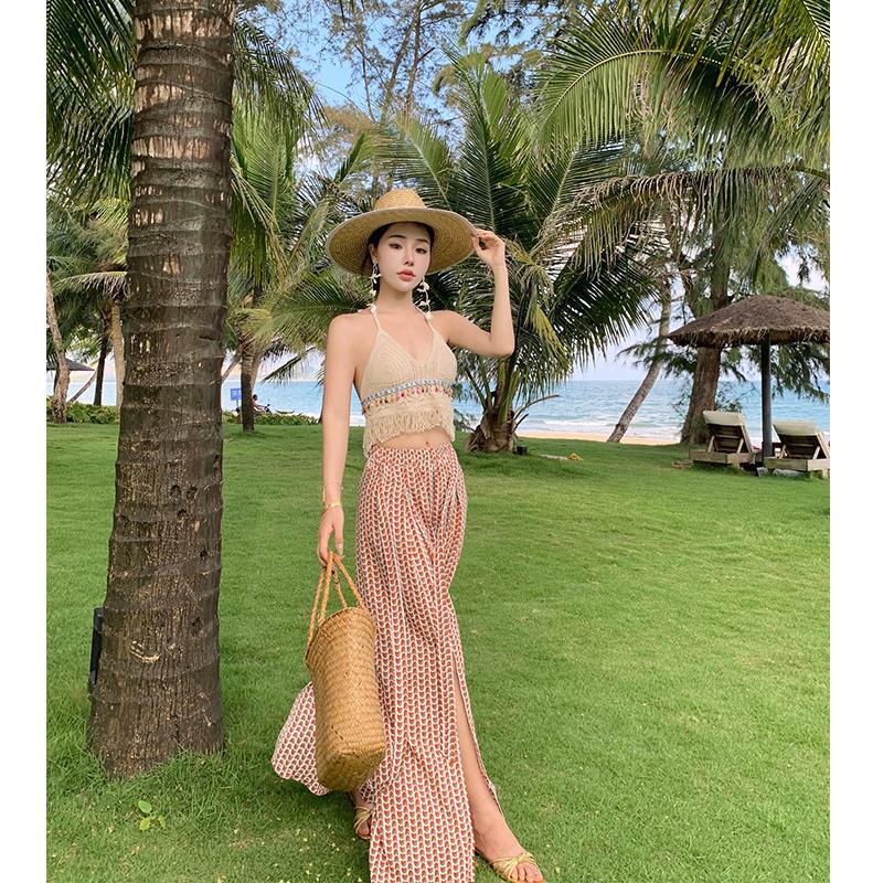 Bohemian Seaside Knit Tassel Bikini Bandeau with Chest Pads