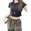 Spice girl open-navel short-sleeved T-shirt for women, summer new sweet and spicy style short atmosphere black bottoming shirt top