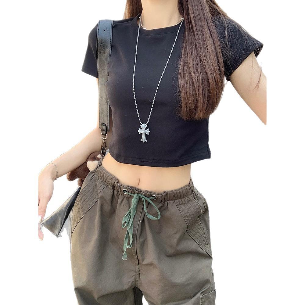 Spice girl open-navel short-sleeved T-shirt for women, summer new sweet and spicy style short atmosphere black bottoming shirt top