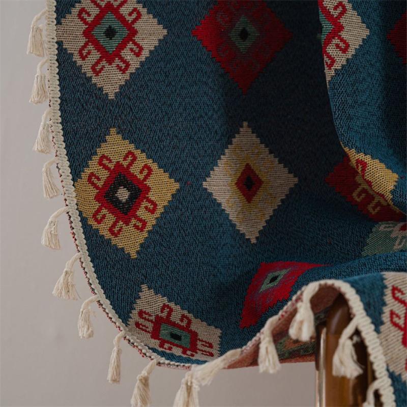 Panouri Jacquard Albastru Couture - Imprimeu Geometric Arhitectural cu Franjuri de Mătase | Voaluri cu Difuzie Luminoasă pentru Oficii de Bucătărie & Spații cu Atriu de Sticlă