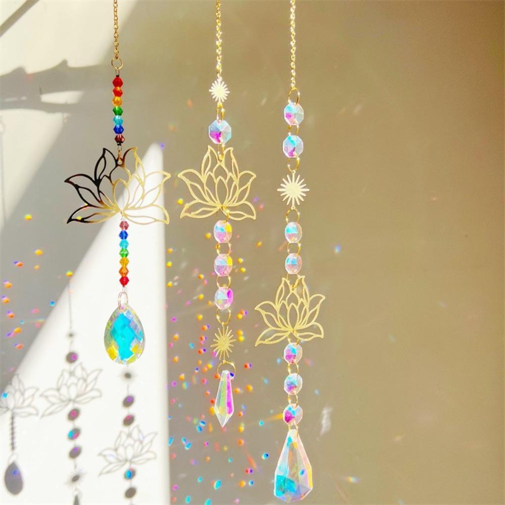 Crystal Lotus Hanging Wind Chimes Stained Glass Suncatcher Aesthetic Landscape Room Pendant Decor Garden Decor Sun Catcher