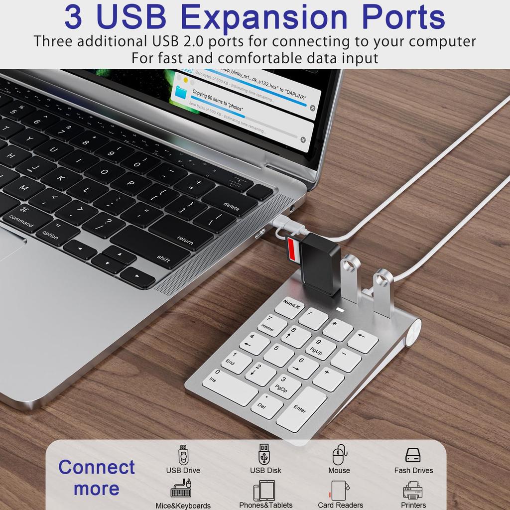 18-Key Slim Wired Numeric Keypad with USB AType-C Ergonomic Mini Keyboard with 3 USB 2.0 Ports, 18 Keys, Office Calculation Keypad, One-Handed Device
