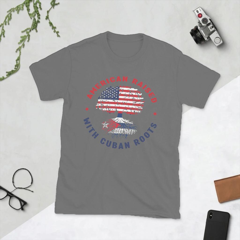 Unisexs TShirts American Raised with Cuban By Roots Vintage Cotton Tee Shirt Short Sleeve T Shirt Round Collar Tops Gift Idea