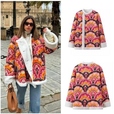 Ladies‘ Printed Cotton-padded Jacket with Single Breasted Long Sleeves for Autumn and Winter Street Wear Warm Coat