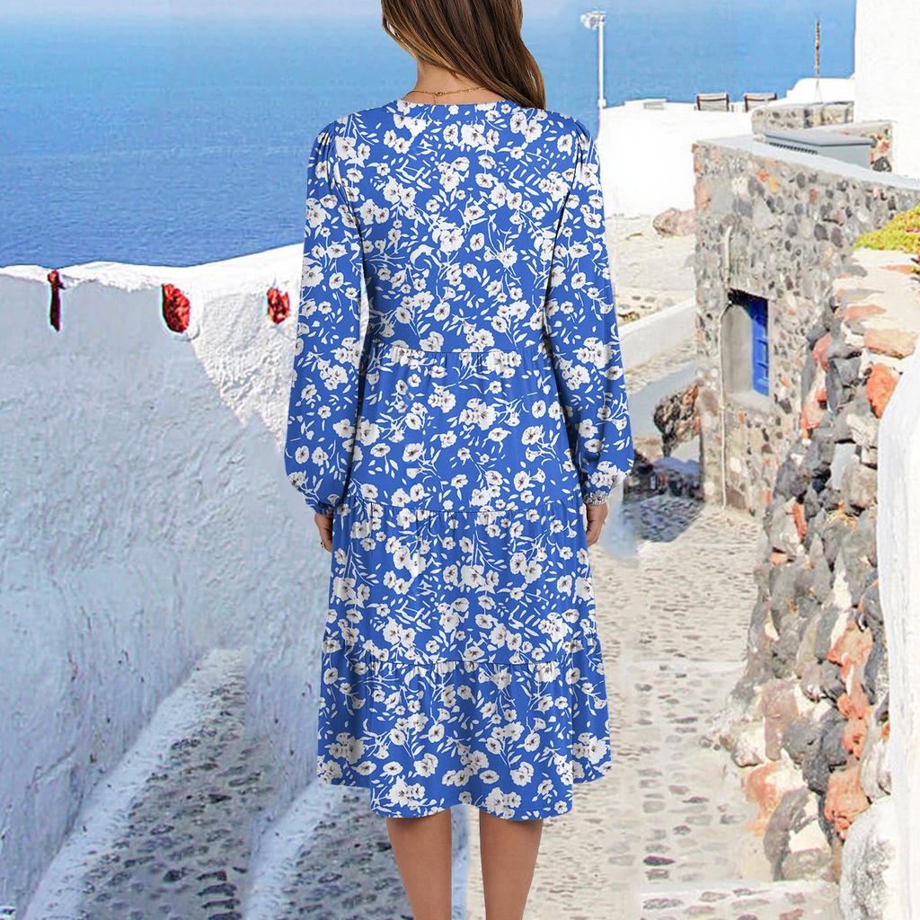 Women's V-Neck Flowing Layered Bohemian Long Sleeve Floral Print Dress