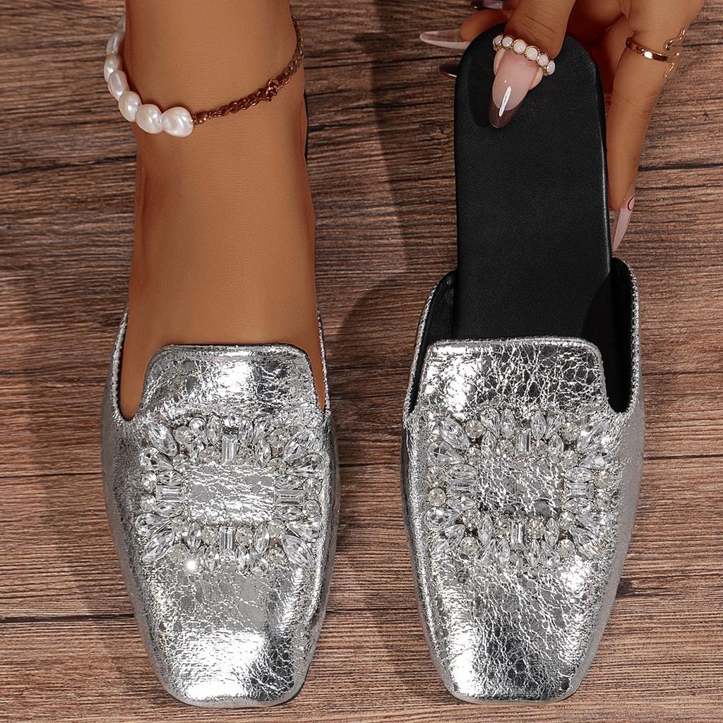 Fashion Crystal Mules Slippers Women Shoes Summer Slippers Slingback Dress Walking Flip Flops Designer Flat Mary Jane Square Toe Sandals