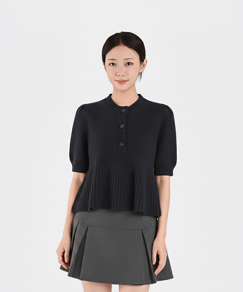 Keulleiseu Princess Puff Sleeve A-Line Short Sleeve Knit_Navy