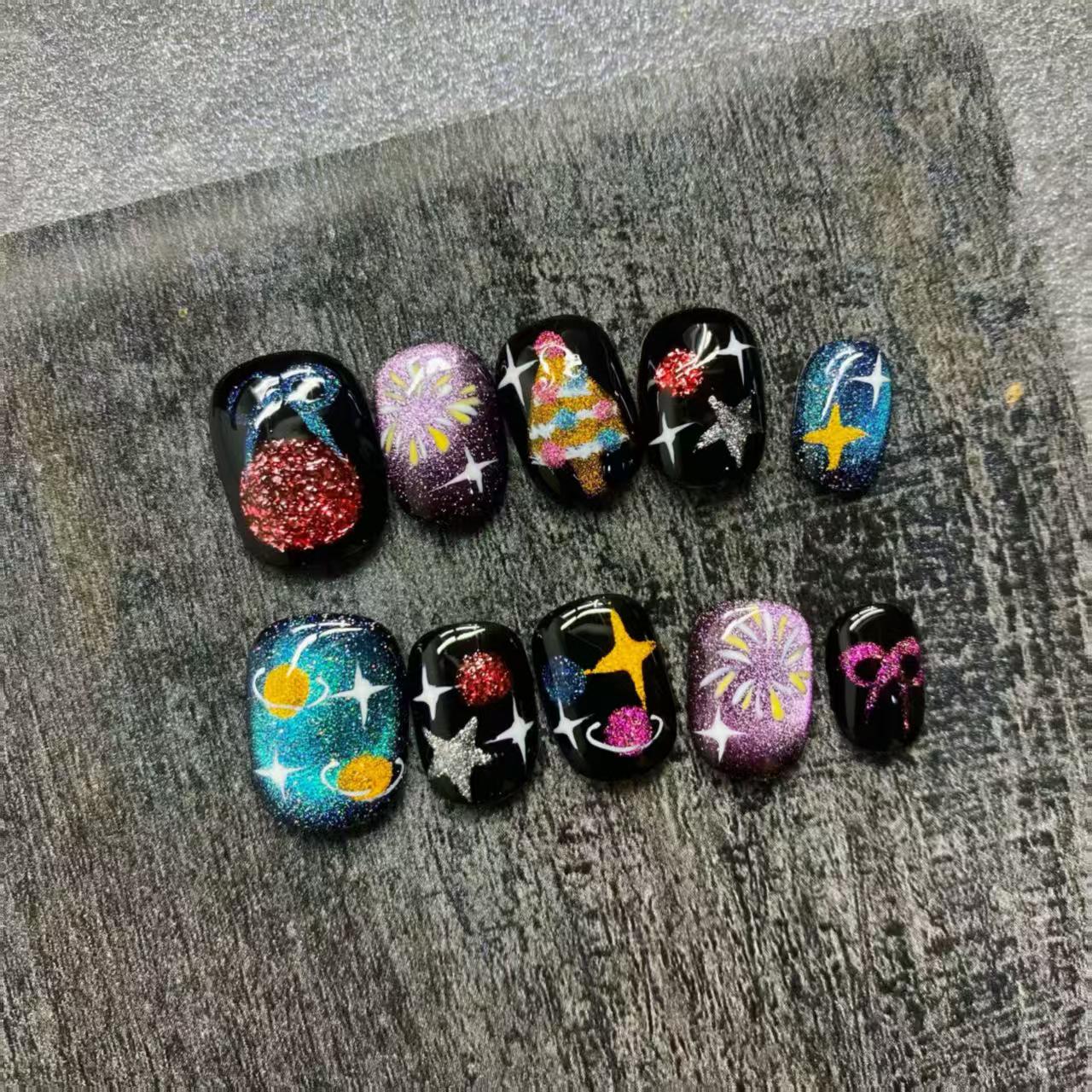 Hand-Painted Detachable Firework Cat Eye Short Nail Art Set XS