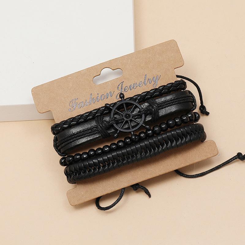 New DIY Creative Handwoven Black Rudder Cowhide Bracelet Vintage Four Piece Leather Jewelry Set