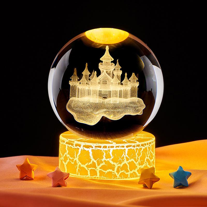 3D Carved Castle in the Sky Crystal Ball Night Light – Luminous Glass Ornament & Valentine's Day Gift