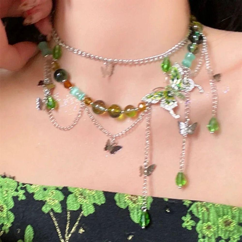 Y 2 K Choker Chain Necklace Green Crystal Rhinestone Butterfly Necklace Collarbone Chain