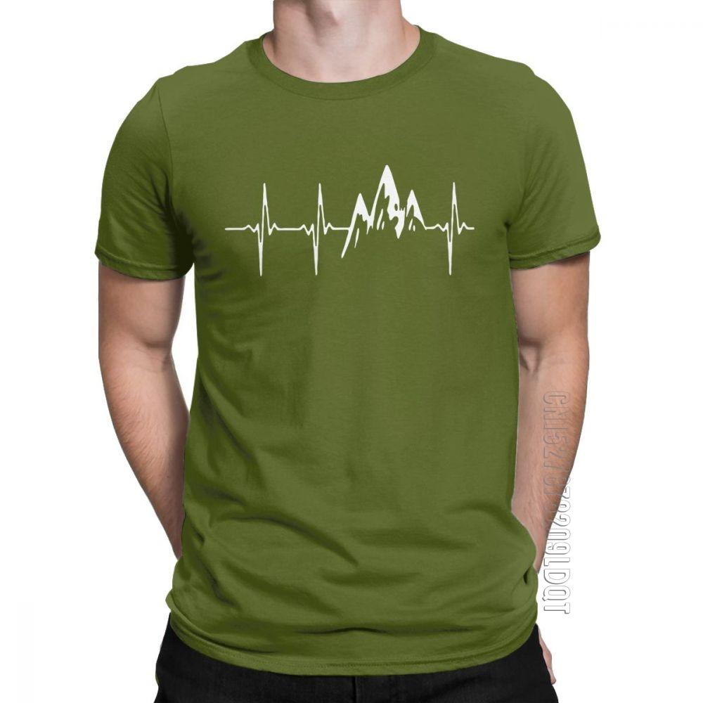 Mountain In My Heartbeat TShirts For Men Hiking Walking T Shirt Climbing Graphic Basic Tees Crewneck Pure Cotton Clothes Gift