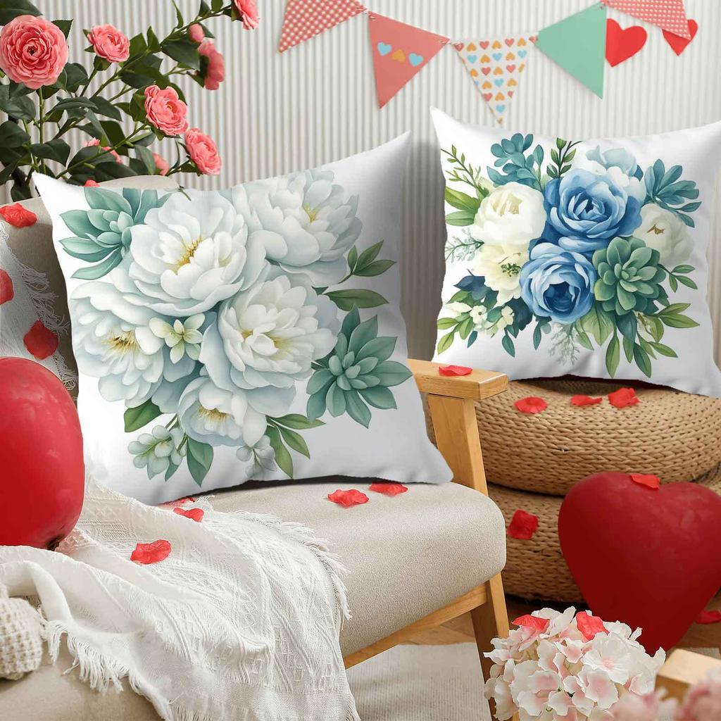 4 Fundas Cojín Florales Primavera - Rosas Azules Y Peonías Blancas Con Hojas Vers Exuberantes, Fundas Almohada Cuadra