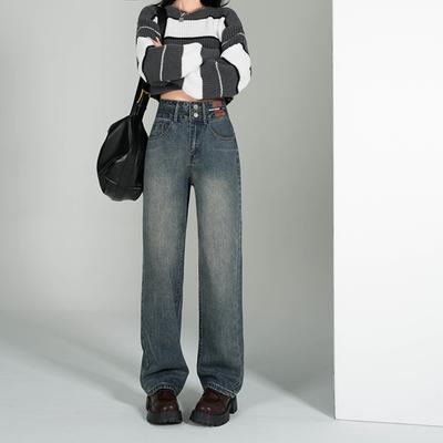 Koreanische Version Straight Jeans Damen 2025 neu Herbst und Winter hochtailliert und dünn kleine weite Jeans