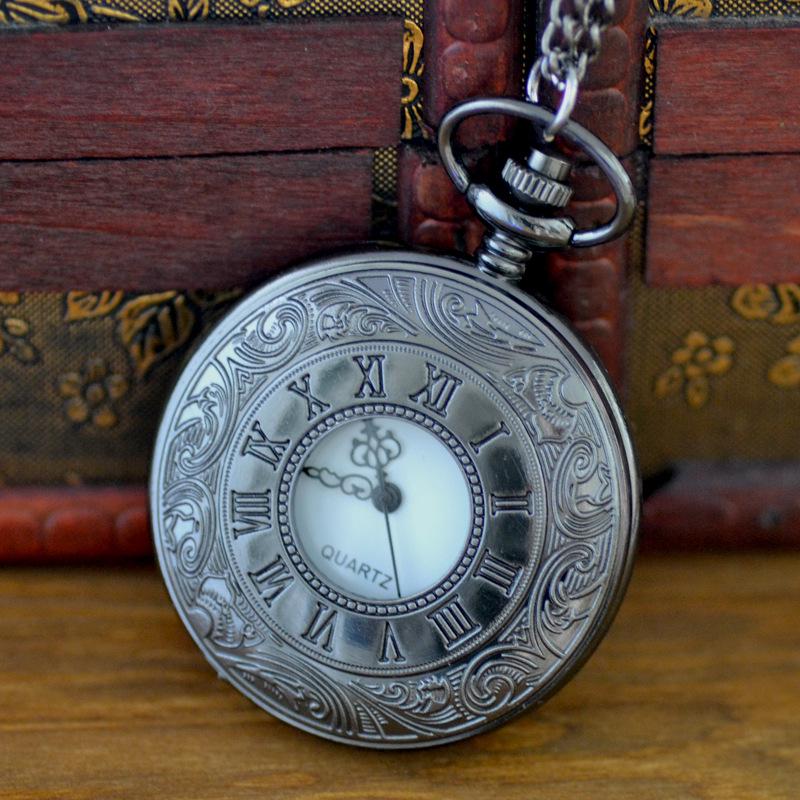Black Retro Roman Numeral White Face Skeleton Pocket Watch 8171