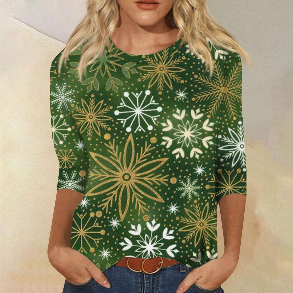 Edición Limitada de Navidad Camiseta de Mujer 3D Roja con Estampado de Árbol de Navidad Cuello Redondo Manga Larga Moda Casual Top de Manga Larga