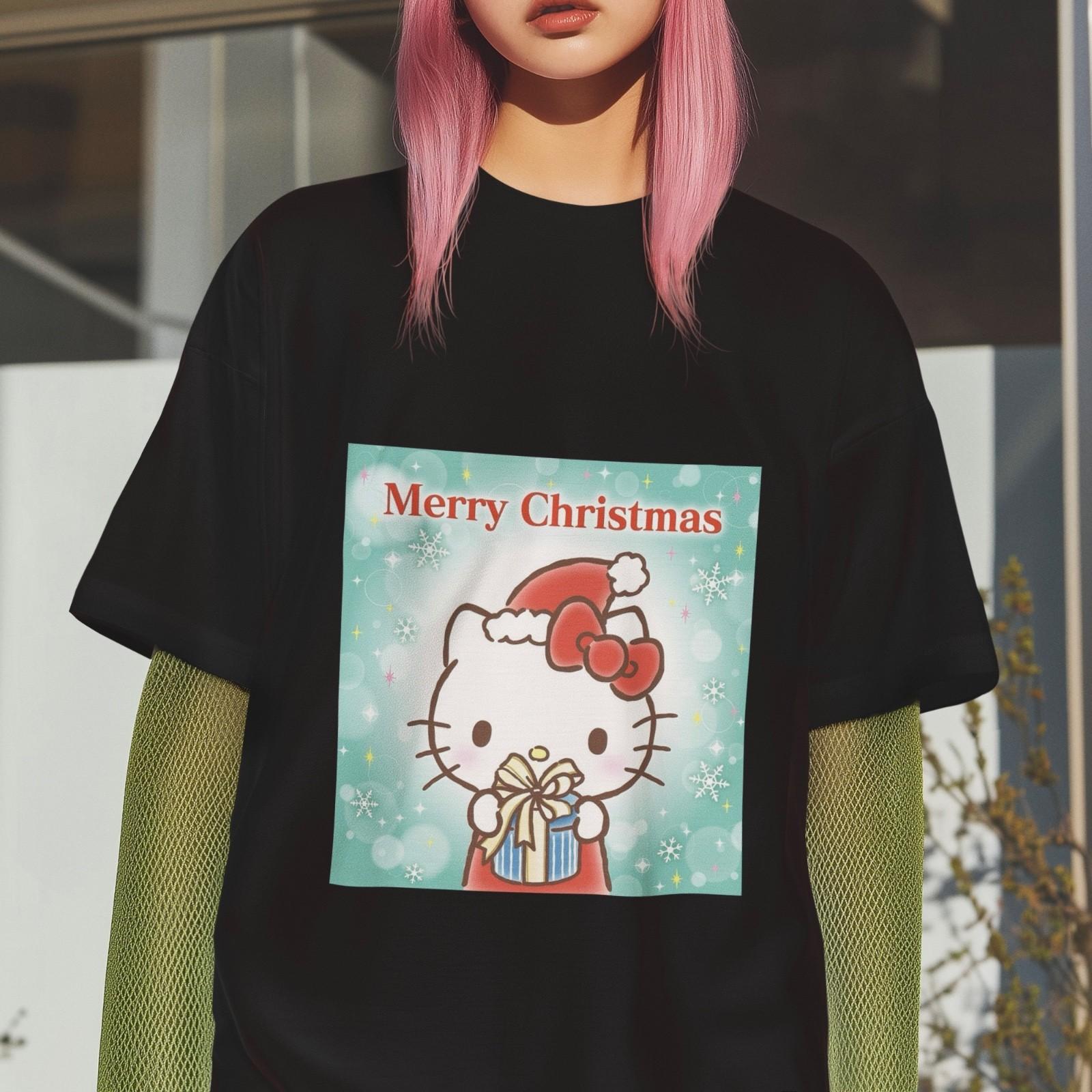 Cute Cartoon Cat Hello Kitty Santa Christmas T-Shirt Gift Box Kawaii Holiday Tee XL