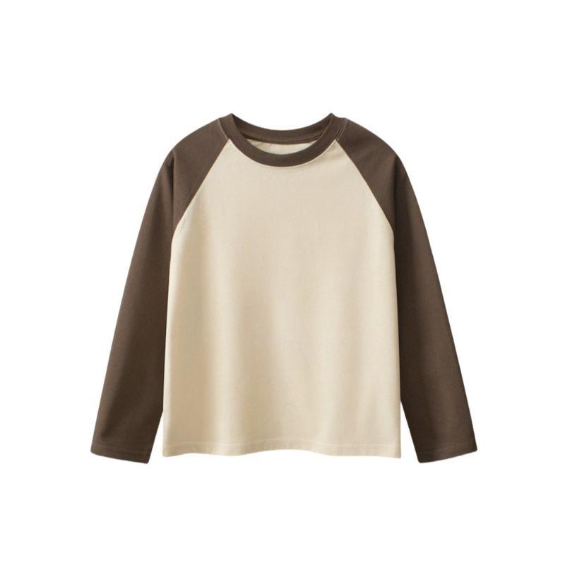 Spring and Autumn Long-Sleeved T-Shirts for Boys and Girls, Round Neck Patchwork Sleeve Tops, Solid Color Plain Bottoming Shirts for Older Children