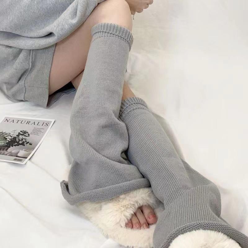 Șosete de lână evazate tricotate gri: Încălzitoare de picioare de iarnă de culoare uni pentru Hot Girl și stil JK