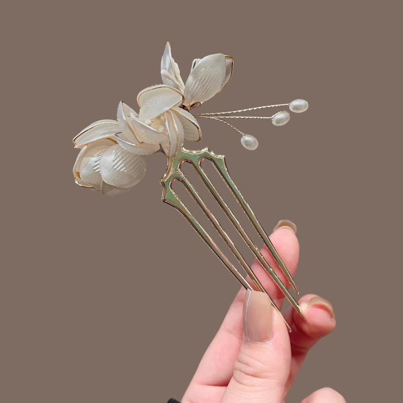 U Shape Jade Orchid Hairpin For Women Vintage Chinese Style Wrapping Flower Hairpin Handmade Metal Jewelry Hair Accessory