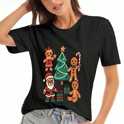 Weihnachts-Lebkuchen Unisex Baumwoll-T-Shirt, Premium-Baumwoll-Druck, Langlebig, Lässig Und Modisch, Mit Weihnachtsmann, Weihnachtsbaum, Lebkuchen