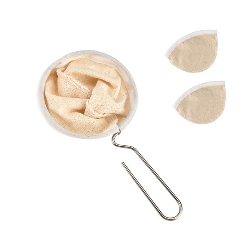 3pcs Washable Cloth Coffee Filter Pouches Coffee Sock Strainer with Wooden Handle Multi Size Brewing Accessories