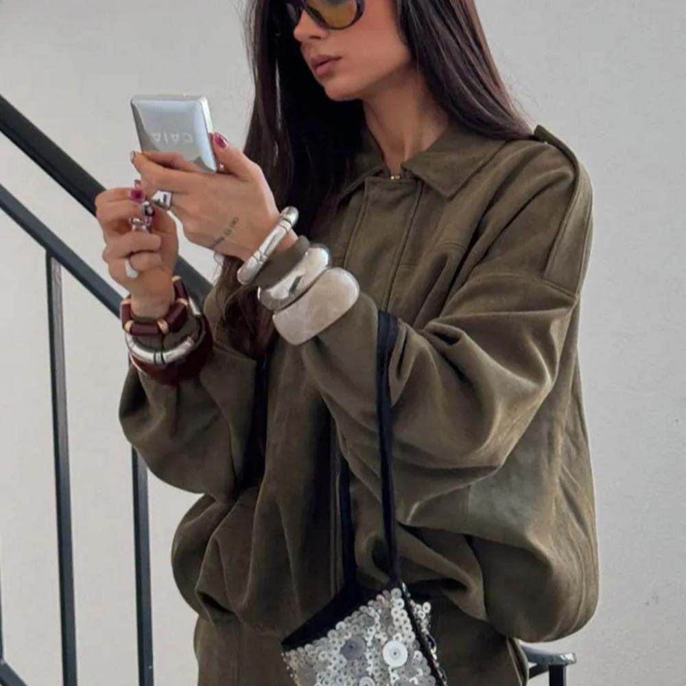 Women Suede Jacket Loose Casual Bomber Coat Lapel Zipper Long Sleeve Jackets Vintage Lady Motorcycle Outwears