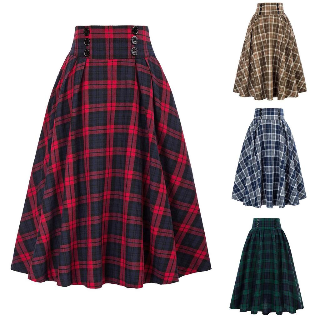 Vintage Damen Karorock Mode Lässig Taschen Vintage Hohe Taille Kariert Plissee Rock Frühling Herbst Damen Midiröcke