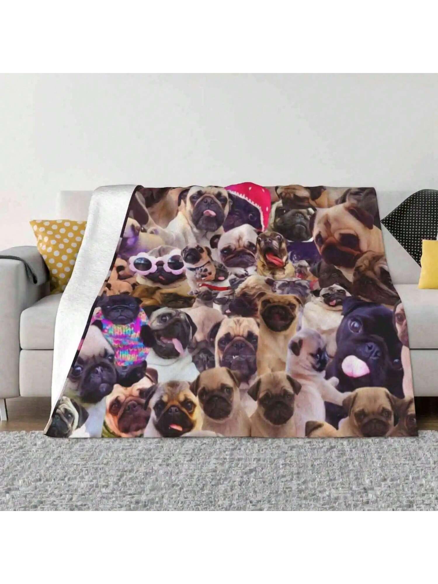 Pugs , Pugs , Pugs Fashion Soft Warm Flannel Blanket Pugs Dogs Cute Collages Tumblr 75X95CM серый