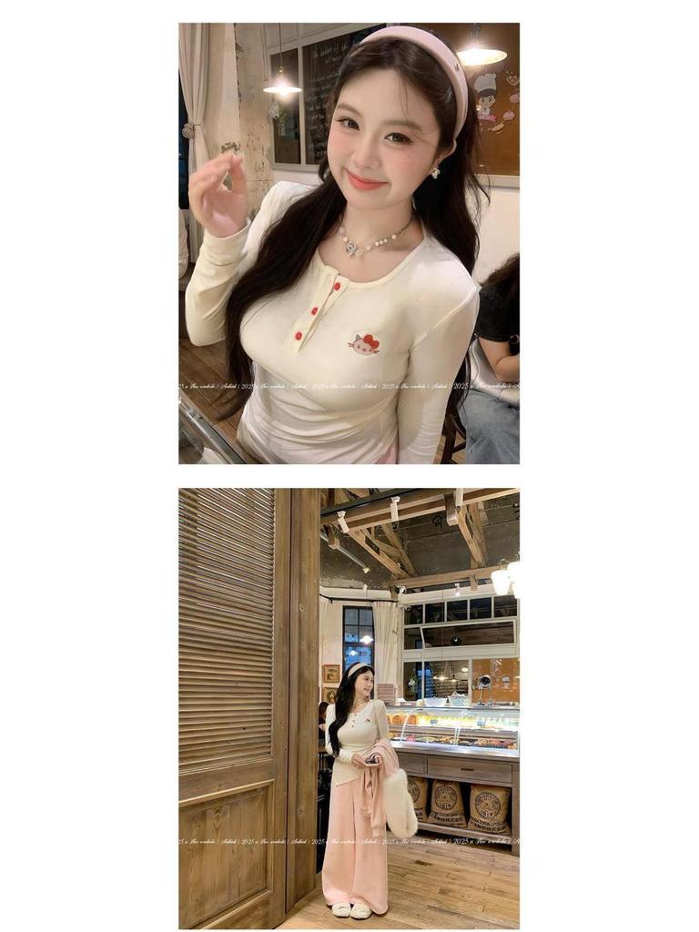 Annie's Kitty Embroidery Waist-Cinching Knit T-Shirt for Plus-Size Women - Slimming Long-Sleeved Top