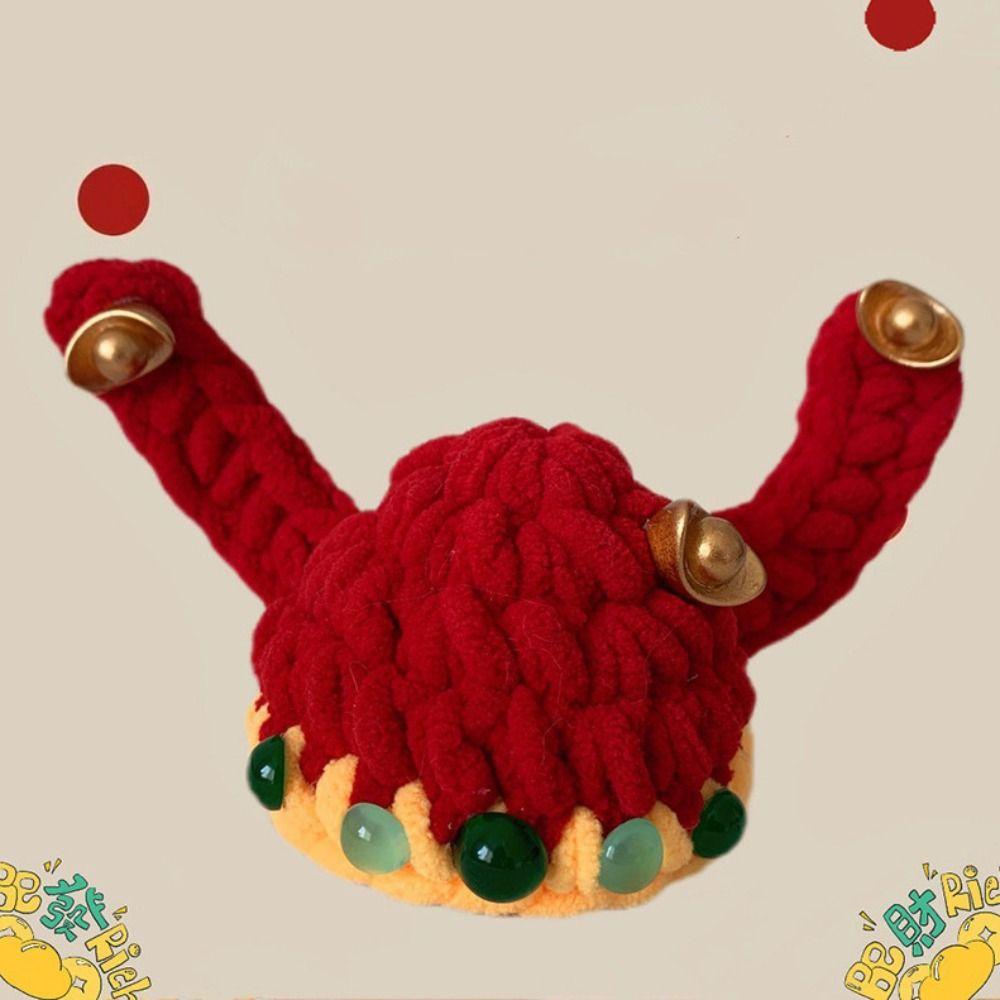 Chinese Style Fortune Cat Headwear Hand-crocheted Warm Pet Beret Blessing Traditional Pet Knitted Hat For Small Dogs Cats