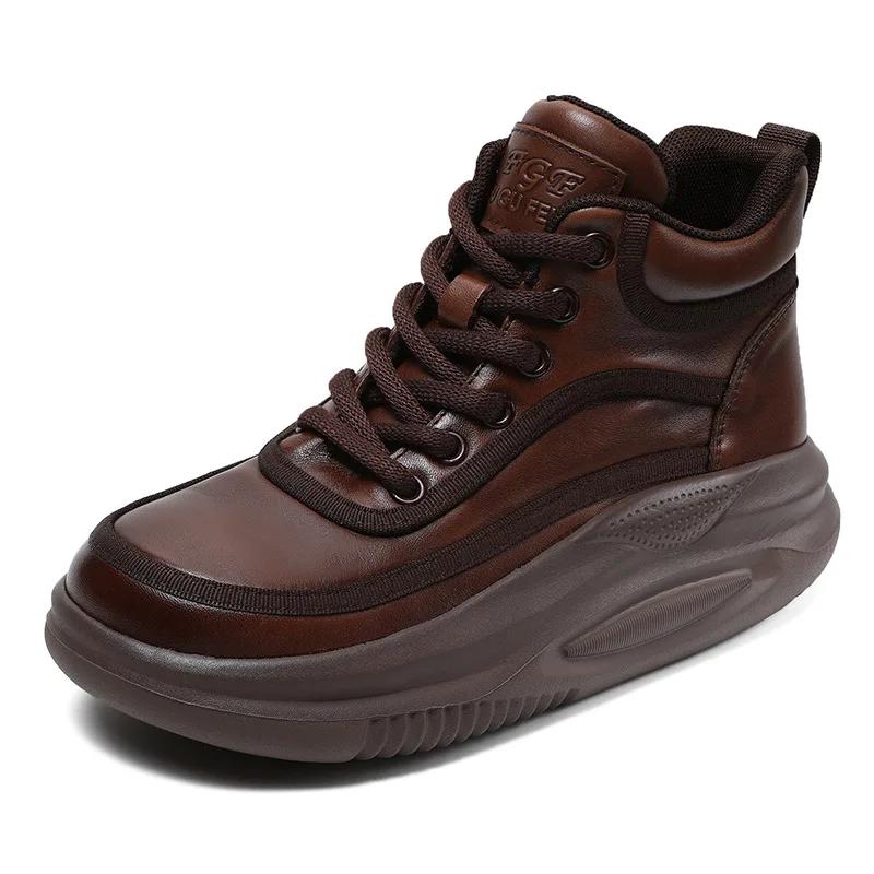 

Мода 2024 Зимние Женские Ботильоны на Платформе Осенне-зимние На шнуровке из Натуральной Кожи на Толстой Подошве Высокие Повседневные Кроссовки 40 коричневый