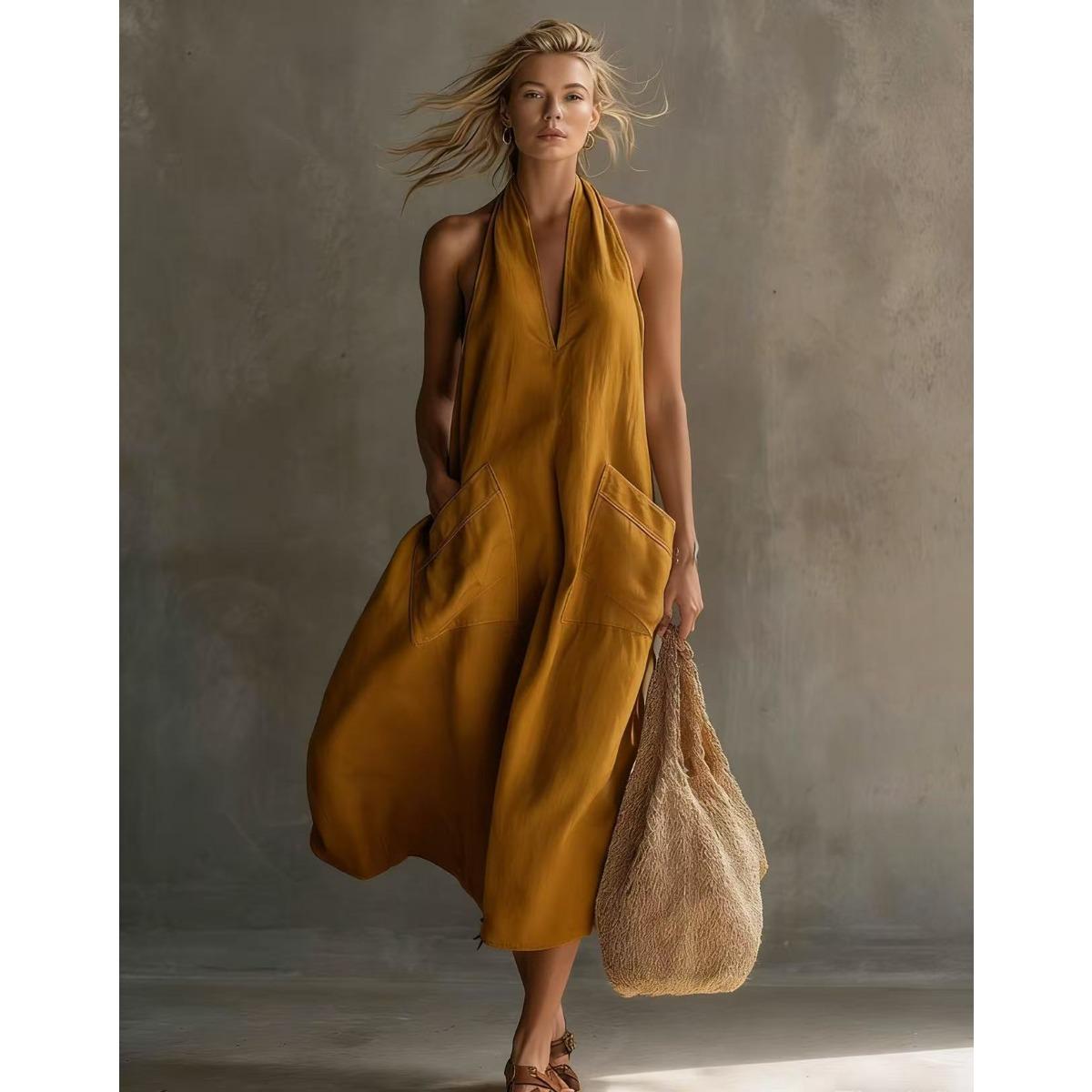 

New Women s Vintage Casual Linen Midi Sundress V Neck Sling Dress With Patch Pocket For Vacation XXL помаранчевий