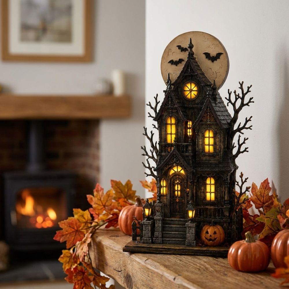 Spooky Wood Haunted House Statue Vintage Stacked Pumpkin Cart Ornament Shelf Decor