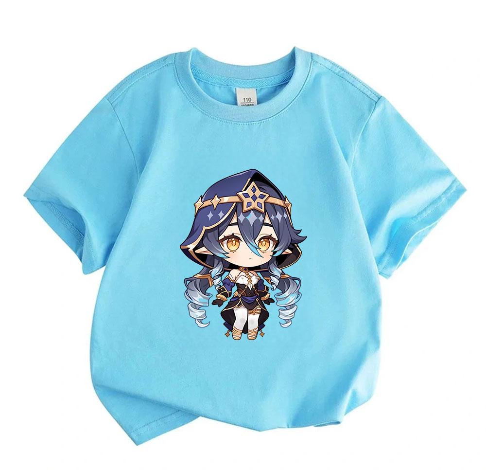 Kids Boys Girls 100% Cotton O-Neck Short Sleeve T-Shirt, Cute Chibi Anime Game Character Printed Casual Soft Breathable Daily Summer Tee Top for Child
