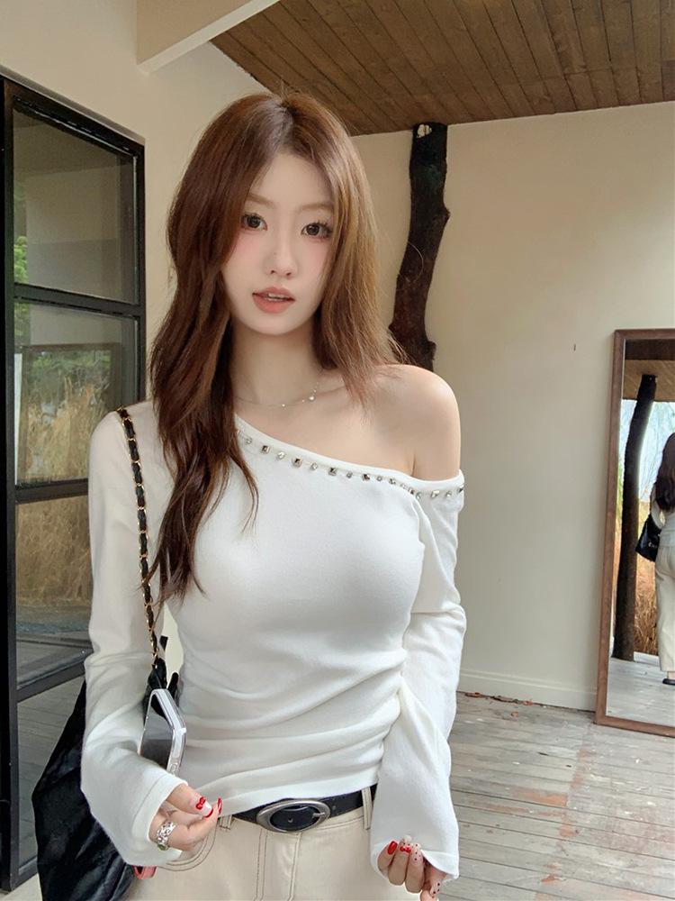 American Sweet Spicy Chic One-Shoulder White Top for Women - Early Autumn Slim Fit