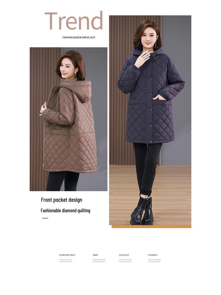 Damen Winter 2024 Rautenmuster Kapuzen Daunen Baumwollmantel für Mütter mittleren Alters