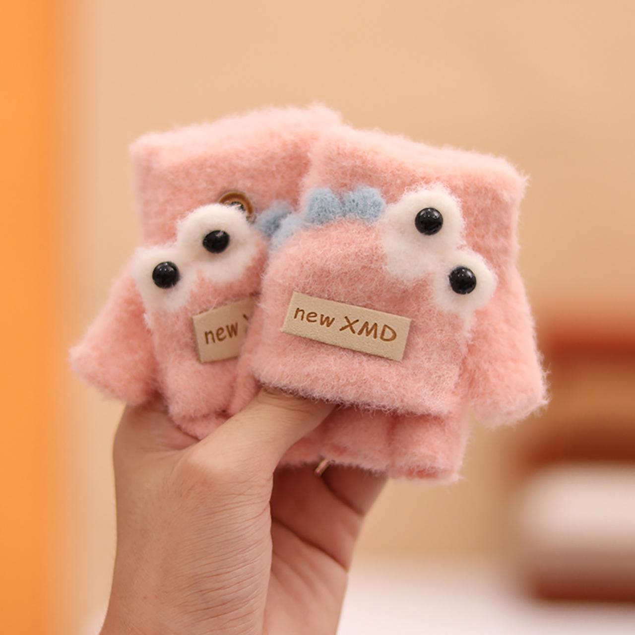 

Cute Baby Gloves Winter Warm Plush Boy Girl Infant Mittens Cartoon Toddler Kids Outdoor Half finger Flip Cover Gloves розовый