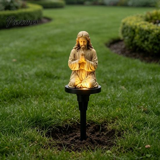 Outdoor Solar Powered Decor Prayer Statue Garden Stake Light, Waterproof Resin Human Figure Sculpture for Patio Decorative Lawn Ornaments Pathway