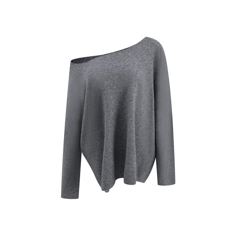 

Slant shoulder long-sleeved knitted sweater women s autumn lazy wind loose and thin slack shirt off-the-shoulder top L сірий колір