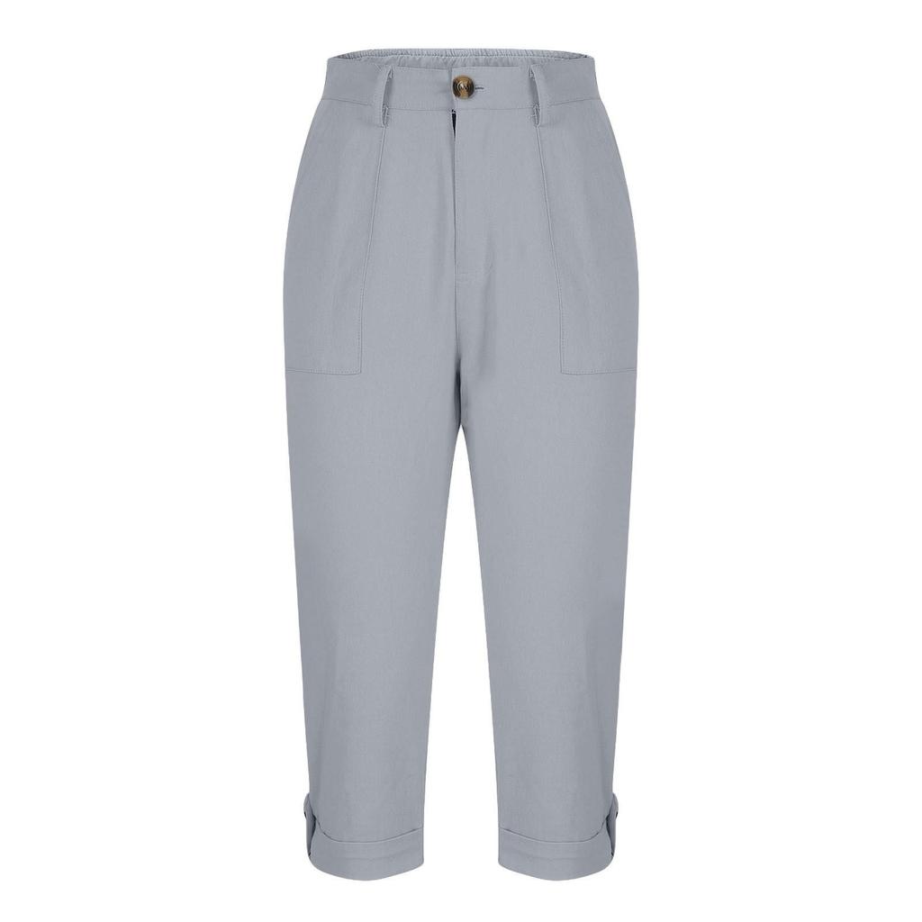 Women Casual Capri Pants High Waisted Rolled Cuff Ankle Pants Solid Color Pocket Detail Loose Fit Trousers